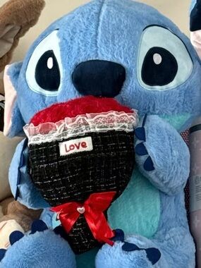 Blue Stitch  Plush Dog Toy with Red Love Heart Bouquet